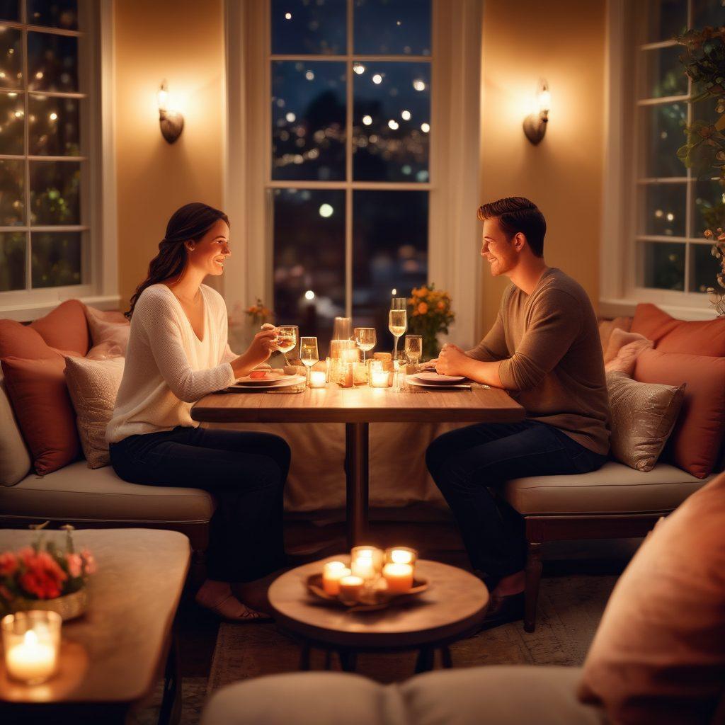 A cozy, intimate setting showcasing a couple sharing a meaningful conversation over a candlelit dinner, surrounded by soft cushions and a warm atmosphere. Incorporate elements like a heart-shaped table, blooming flowers, and warm light to evoke feelings of love and connection. The backdrop should feature subtle romantic artwork and soft bokeh lights to emphasize the mood. super-realistic. vibrant colors. warm tones.