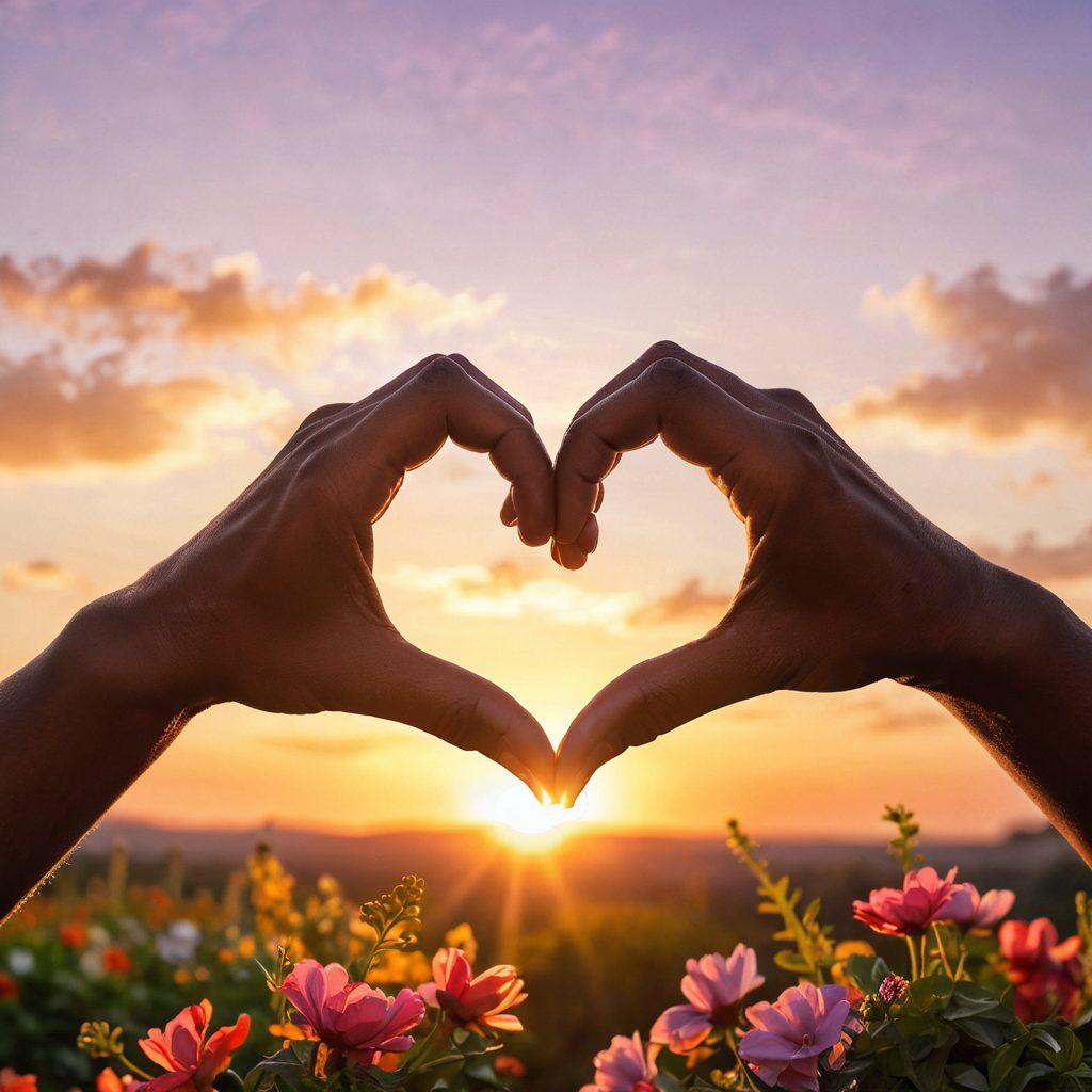 A warm and inviting scene of two hands forming a heart shape against a backdrop of a serene sunset, symbolizing deep connection and partnership. Surround the hands with delicate floral arrangements in vibrant colors, depicting growth and devotion. Include gentle light rays peeking through the flowers, adding a sense of hope and warmth. super-realistic. vibrant colors. soft focus.